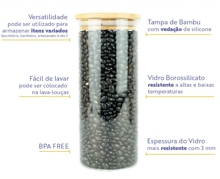 Pote hermético de vidro com tampa de bambu, vedação de silicone e vidro de 3 mm