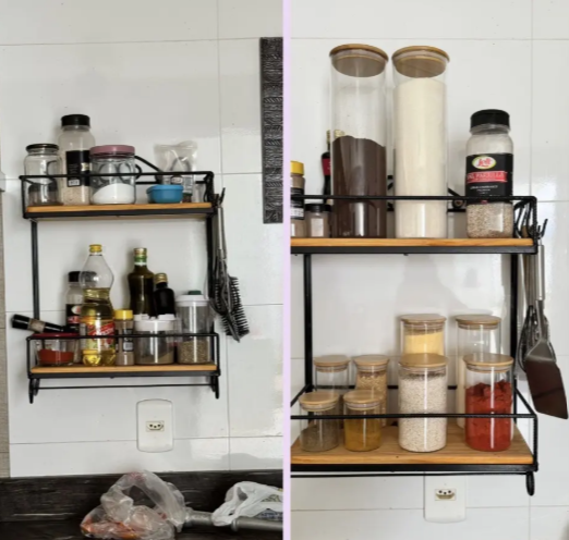 Antes e depois: prateleira da cozinha organizada com os potes