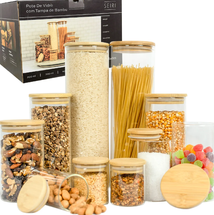 Kit com 10 potes herméticos de vidro com tampa de bambu e a caixa